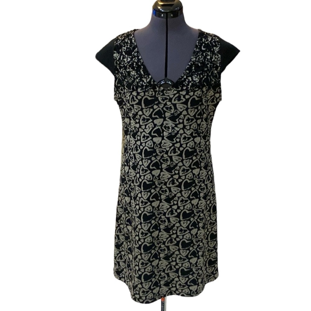Desigual Black/Brown Hearts Midi Dress Sz L Capped Sleeves Jersey Hearts Print